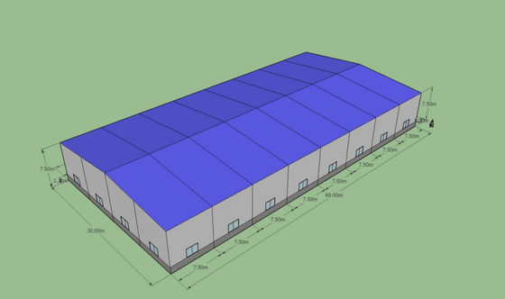 60x30x7.5m पूर्वनिर्मित स्टील वेयरहाउस एएसटीएम ए36 क्यू235बी